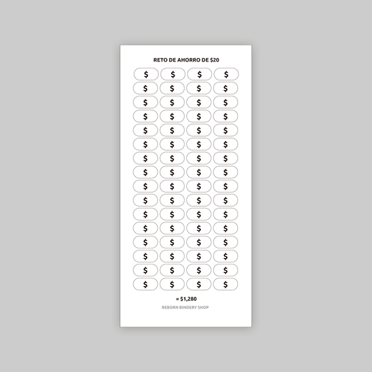 Reto de Ahorro $20 – Plantilla Digital Reutilizable